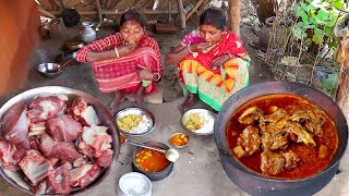 MUTTON CURRY cooking and eating by santali tribe women for their lunch menu||rural village India