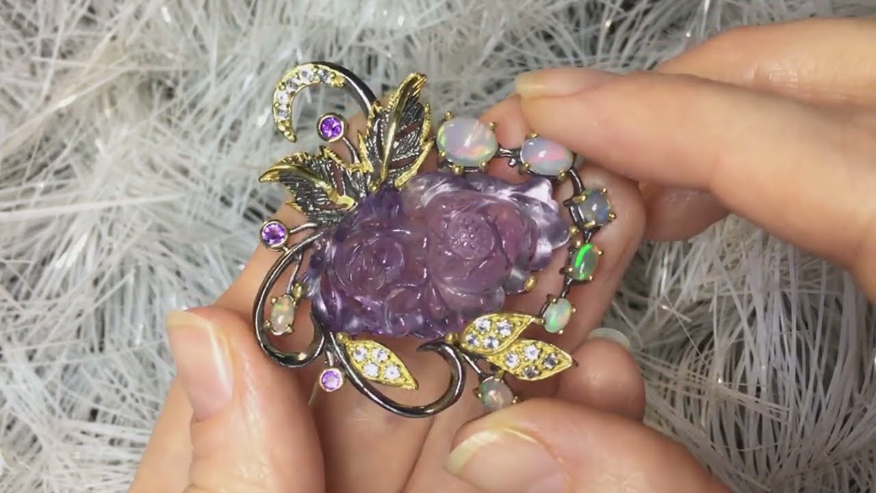 Серебряная брошь из резного Аметиста 36 кт + Опал + Топаз