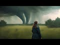 Free stocks  ai animation  a tornado in a grass land with a woman standing