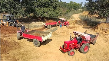 Jcb 3dx Backhoe Machine Loading Mud in Mahindra 275 tractor Powertrac Tractor and Sonalika Tractor