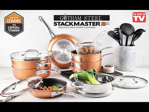 Gotham Steel Stackmaster Nonstick Pots & Pans Set, 17 Piece Stackable Cookware  Set, As Seen on TV Cookware, Space Saving Cookware, Copper Pots & Pans Set,  PFOA Free, Oven & Dishwasher Safe 