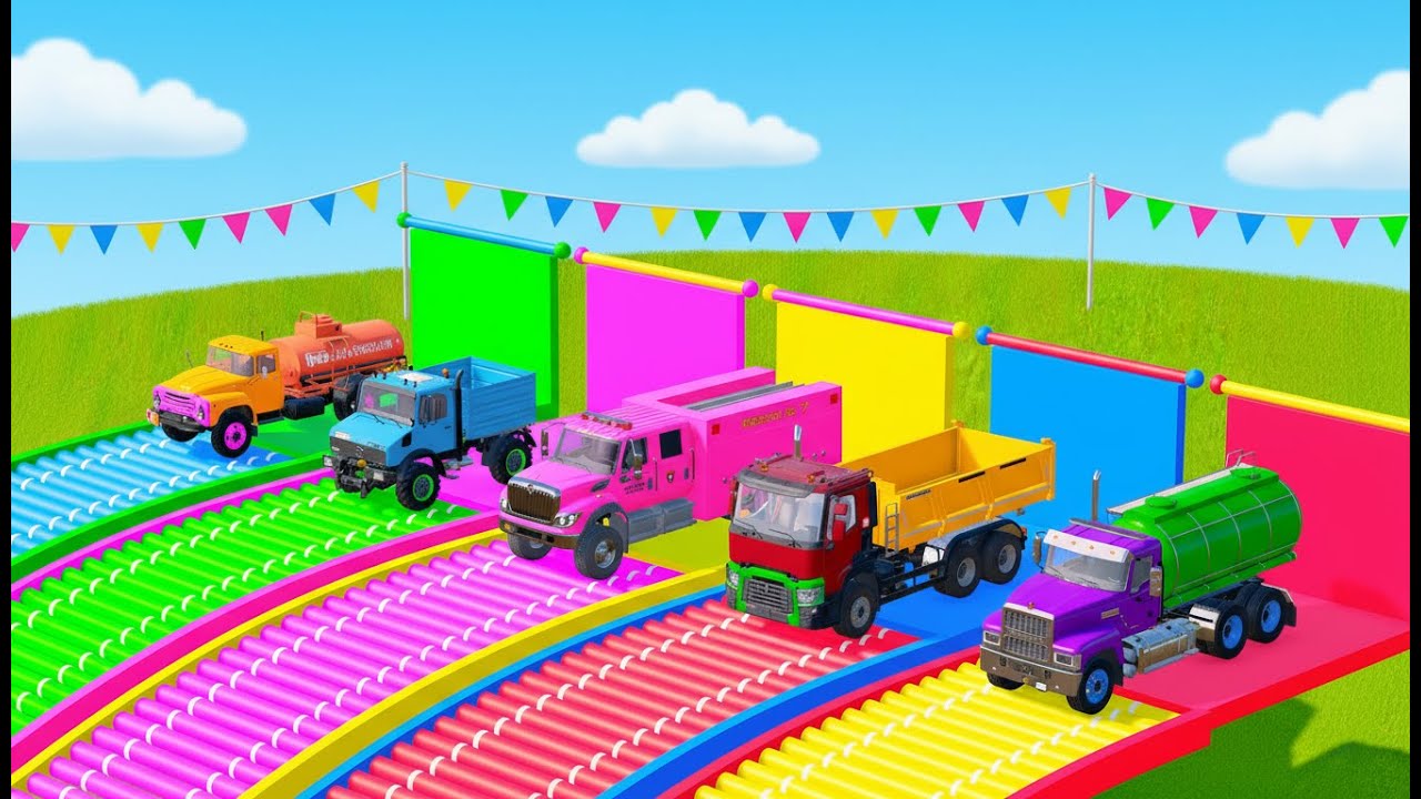 TRANSPORTING CARS, AMBULANCE, POLICE CARS, FIRE TRUCK OF COLORS! WITH TRUCKS! - FS 22