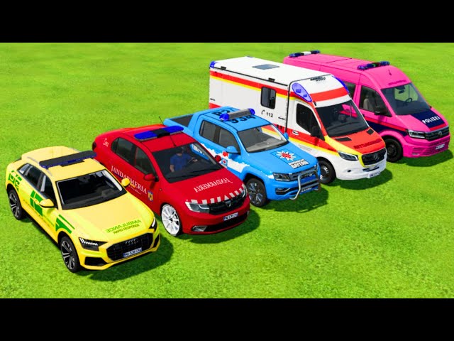 AUDI, DACIA, VOLKSWAGEN POLICE CARS & MERCEDES AMBULANCE EMERGENCY TRANSPORTING WITH TRUCKS ! FS22 class=