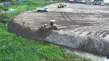Amazing Construction Sand Filling to Lake With Talented Skills Worker Bulldozer Dump Truck