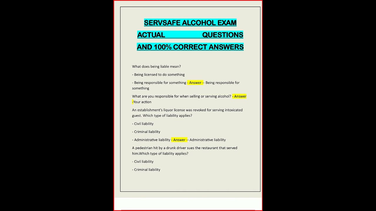 Servsafe Alcohol Exam Actual Questions And 100 Correct Answe video