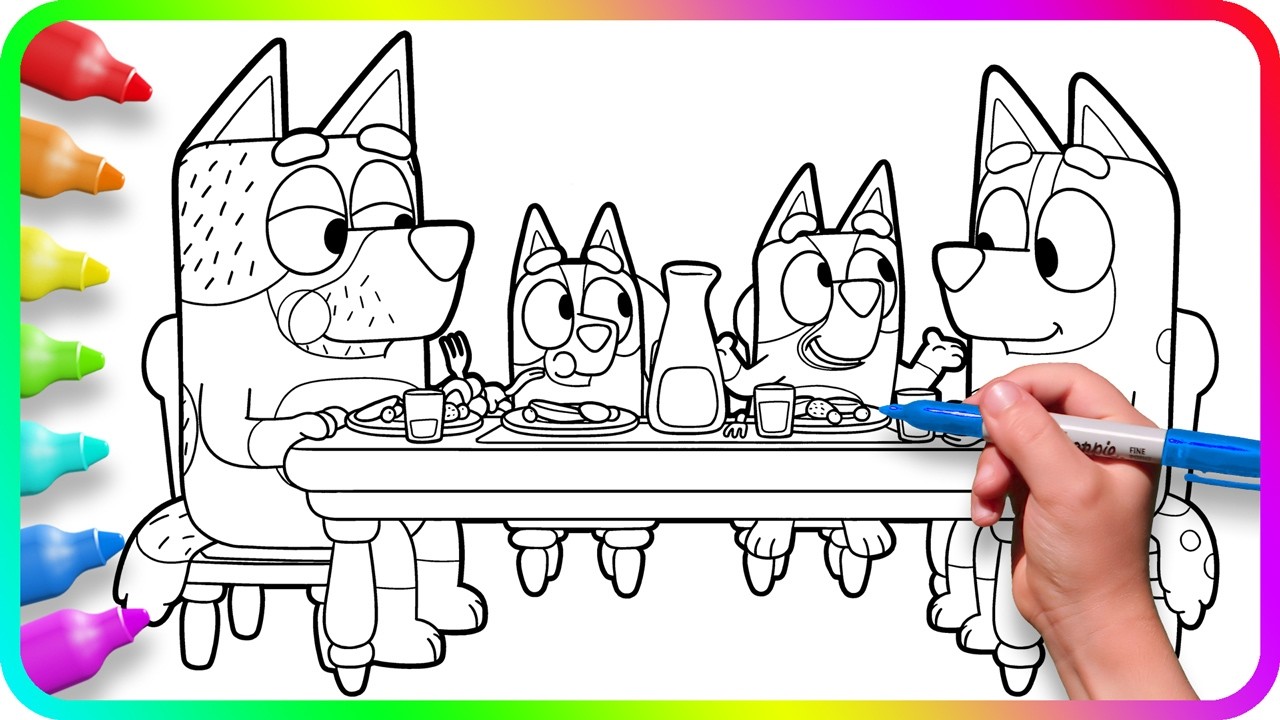 BLUEY Coloring Pages - Breakfast / I show you How to color Bluey, Bingo, Bandit, Chilli