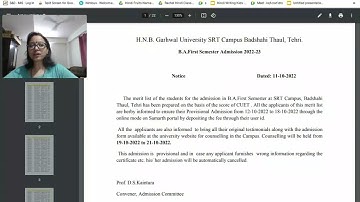 CUET - B.A - Merit list - SRT Tehri Campus  Merit List ll  HNB Garhwal Univ ने  ll Counselling Docu