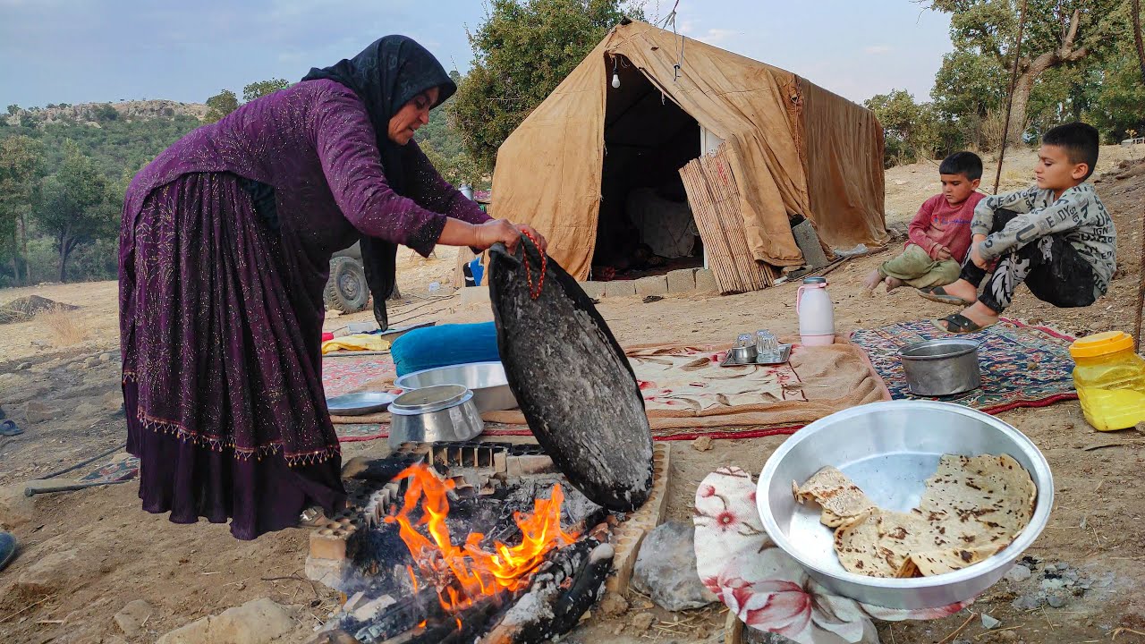 IRAN Village Cooking: Nomadic woman bakes fresh and healthy bread in the heart of nature 4K
