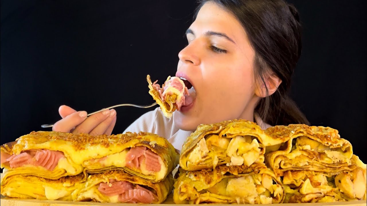 CHEESE & HAM AND CHICKEN OVEN BAKED CREPES | MUKBANG | ASMR | EATING SOUNDS
