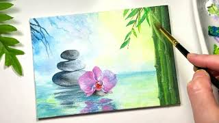Pebbles Water Bamboo and Orchid / Easy Acrylic Painting Tutorial For Beginners Step By Step 287