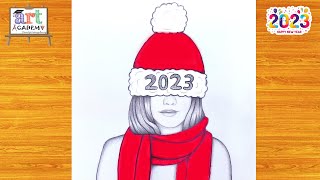 رسم رأس السنة 2023 | تعليم رسم بنت كيوت مع شعر طويل خطوه بخطوه للمبتدئين بطريقة سهلة | رسم بنات