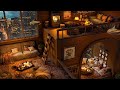 Cozy cabin cafe ambience  smooth piano jazz music  rain sound on window for relax study and work