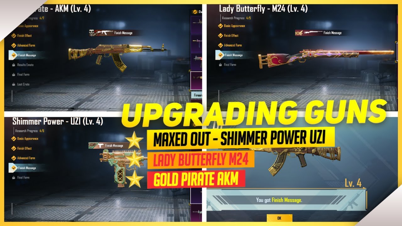 Upgrading Guns | Maxed Out | Shimmer Power UZI | Gold Pirate AKM | Lady Butterfly M24 |BATTLEGROUNDS