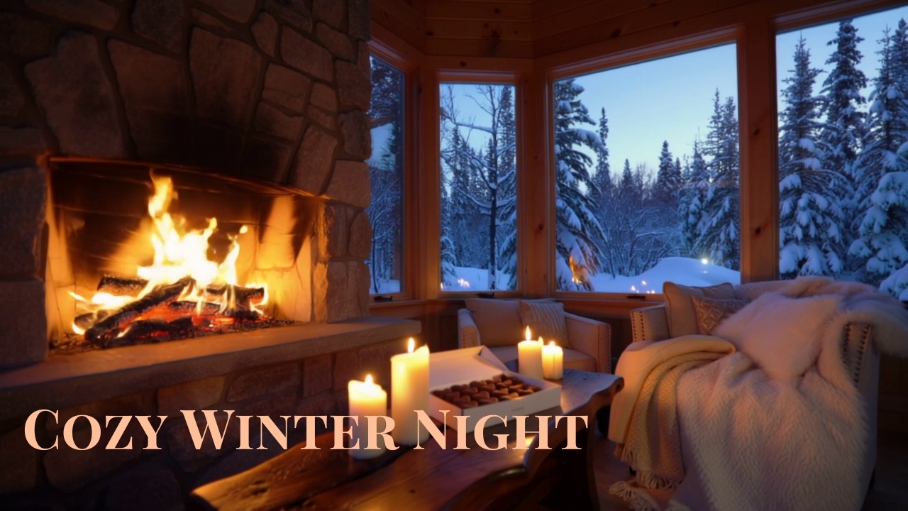 Cozy Winter Cabin ❄️ Fireplace Glow & Snowfall | Relaxing Evening Ambience