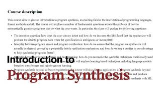 Introduction to Program Synthesis - Course Overview