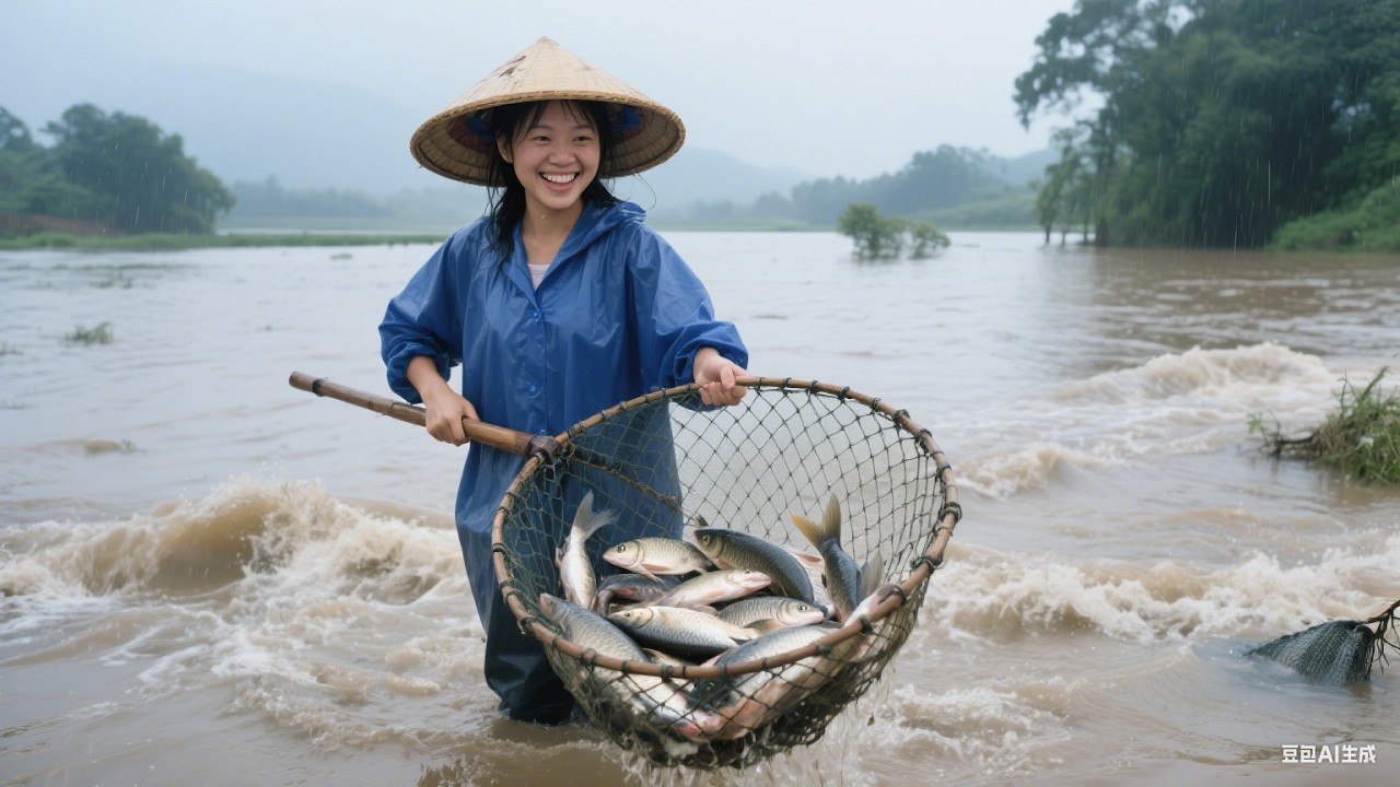 暴雨引发洪水，好多鱼塘被水淹，阿琪用大抄网抓鱼，收获真给力