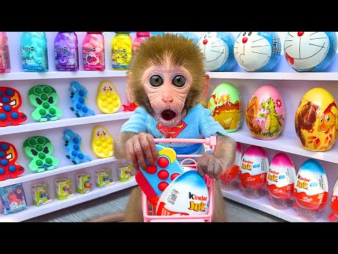 Baby Monkey Bon Bon Buy Colorful Ball And Eat Fruit With Puppy 