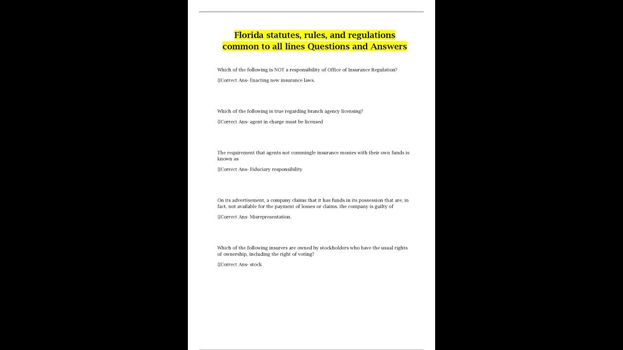 Florida statutes rules and regulations common to all lines questions