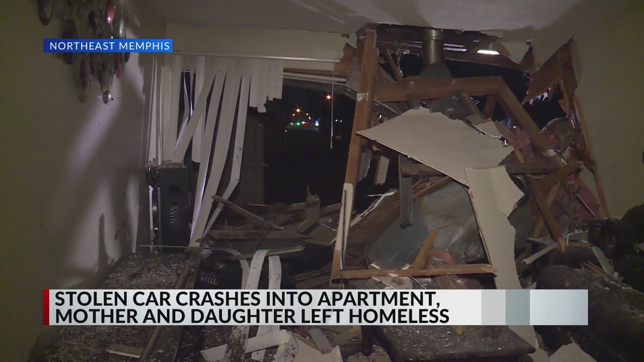 Stolen car plows into apartment with woman, daughter inside - YouTube
