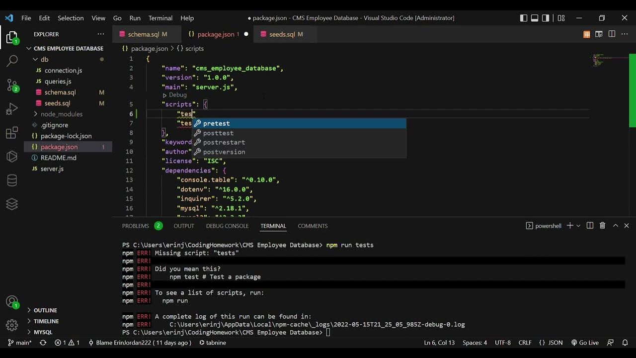 schema sql CMS Employee Database Visual Studio Code Administrator 2022 ...