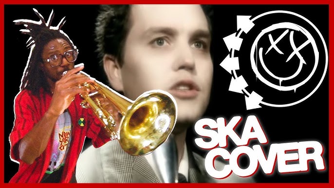 A musician playing a trumpet is on the left; in the center is a close-up of a man's face. White graffiti graphics and "SKA COVER" text are on the right against a red border.