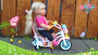 Baby Doll bike Ride, Go camping, set up Baby Born Bed Baby doll change diaper and Baby Doll go to Bed.