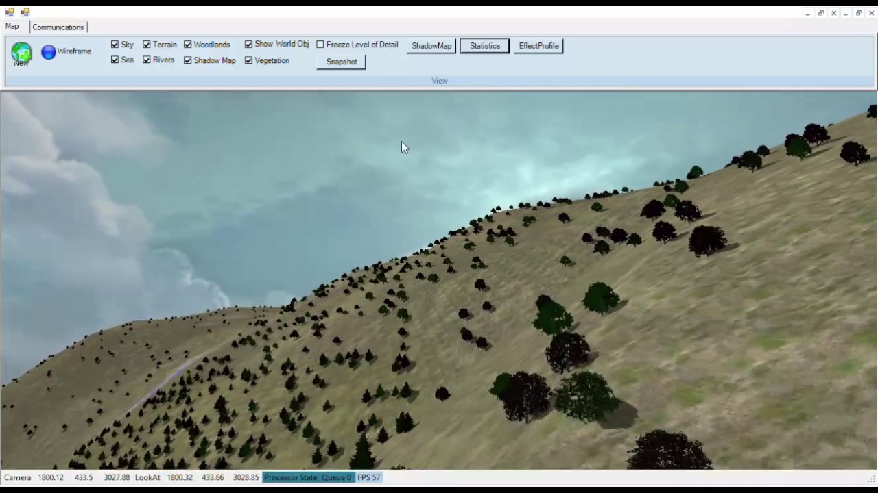 Virtual Landscape with trees, sparse vegetation, roads and rivers.