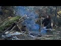 Bushcraft trip - natural shelter, drying meat, no sleeping bag, all night fire, homemade axe etc.