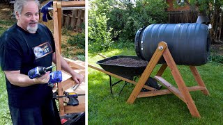 Compost Tumbler  AFrame Base  DIY super sturdy, wheelbarrow optimized. Free detailed plans.