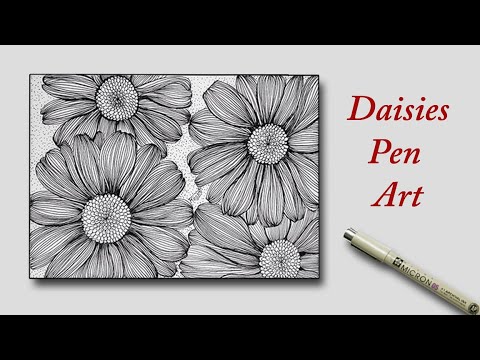 How To Draw Daisies With Micron Pen, Relaxing Art, Pen art