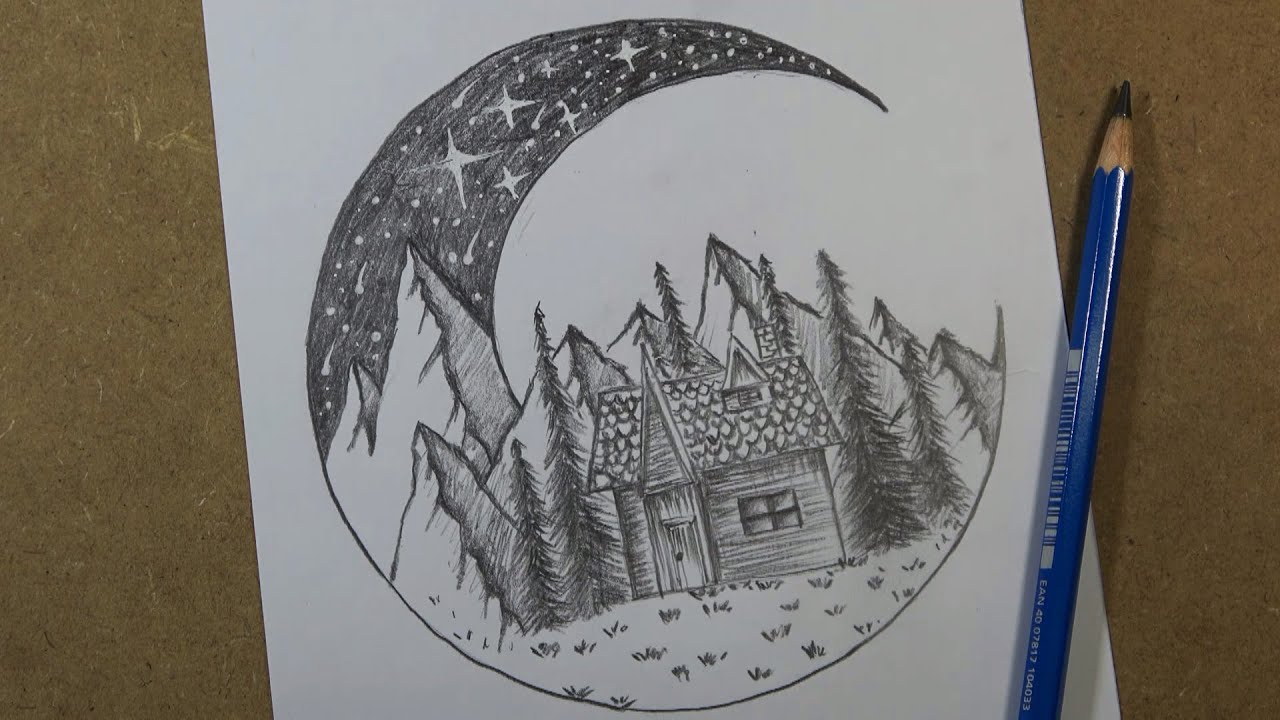 How to draw house - tree - moutain moon - night scenery | Hihi Pencil