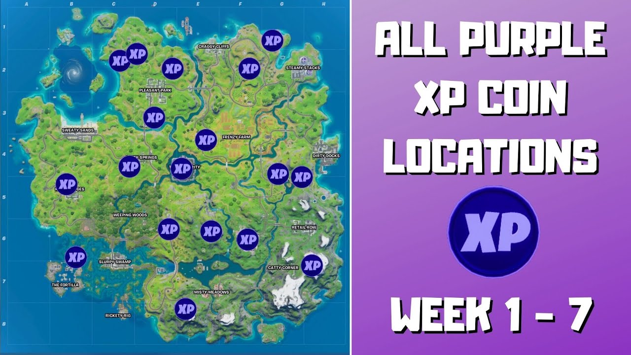 All 14 Purple Xp Coins Locations In Fortnite Chapter 2 Season 3 Week 1 5 Fortnite Xp Coins Youtube