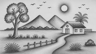 How To Draw Easy Village Scenery With Pencil Shading |प्राकृतिक दृश्य चित्र बनाना सीखें