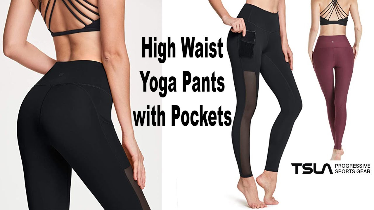 TSLA High Waist Yoga Pants with Pockets, Tummy Control Yoga Leggings,  Workout Running Tights 