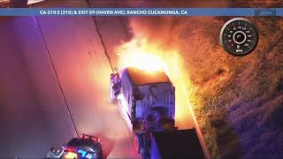 Stolen big rig bursts into flames during pursuit in Southern California