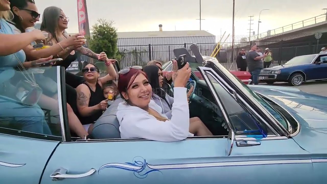 lowriders cruising under the 6th st. bridge celebrating L.A. RIDERS c.c. 1 yr anniversary