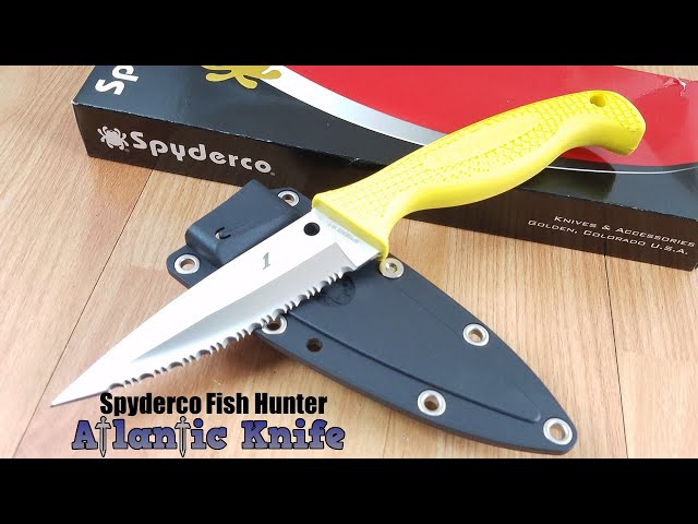 SPYDERCO FISH HUNTER SATIN FIXED SERRATED BLADE YELLOW FRN HANDLE KNIFE FB40SYL class=