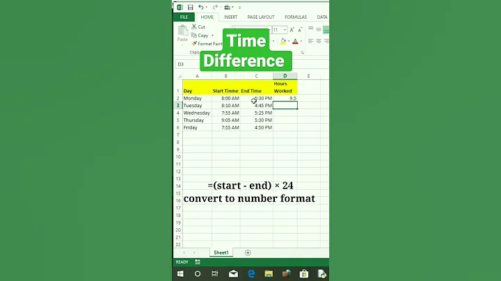 Calculate Time Difference in Excel #shorts