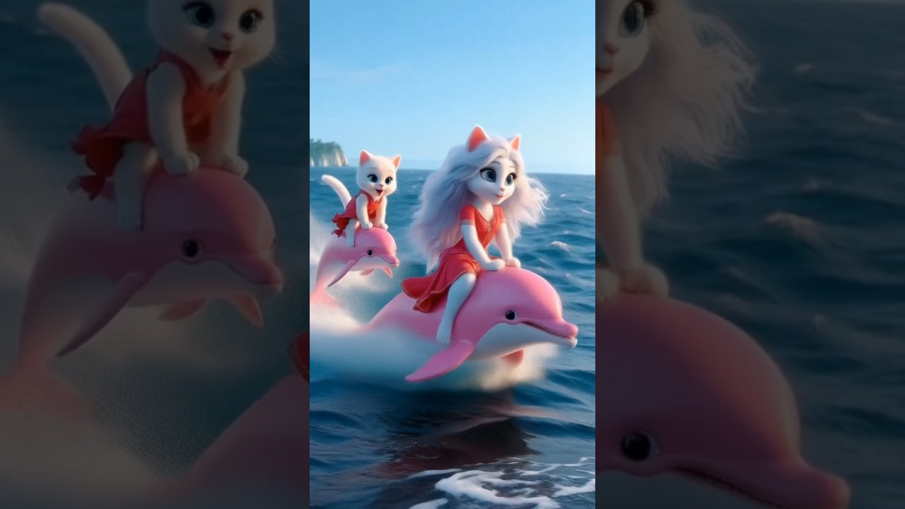 Big shark attacks ship but cute cat and kitten are saved by pink dolphins 