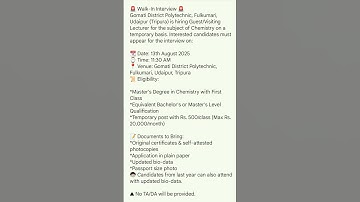ত্রিপুরাতে Chemistry Lecturer নিয়োগ Gomati district polytechnic college এ। Per Class 500 টাকা | Job
