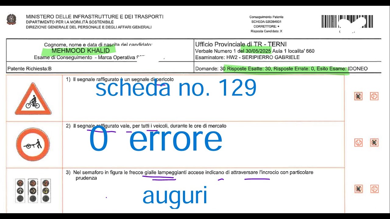 SCHEDA ESAME Patente B superato con0 errore  di mahmood khalid  no. 129
