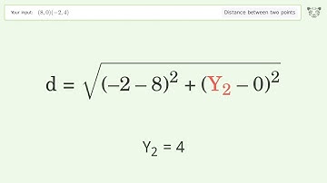Find the distance between two points p1 (8,0) and p2 (-2,4): Step-by-Step Video Solution