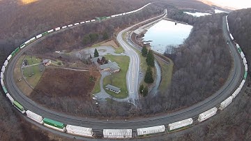 Aerial Video - Horseshoe Curve, Altoona, PA - Norfolk Southern Train Approaching