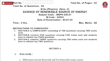 MSC 3RD SEM PHYSICS SCIENCE OF RENEWABLE SOURCE OF ENERGY JAN 2023 | PTU