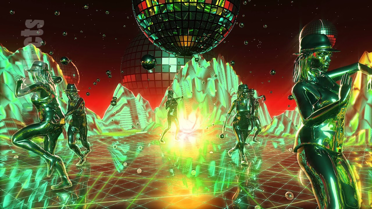 Beautiful girls dancing and moving on the neon dance planet. Loopable