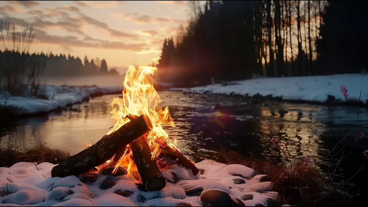 Winter to Spring River Campfire at Sunset 🔥 Real Crackling Fire And Glowing Logs for Comfort