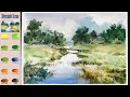 Without Sketch Landscape Watercolor - Riverside Scene (color mixing)