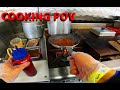 Chili cheese hot dogs food truck cooking pov