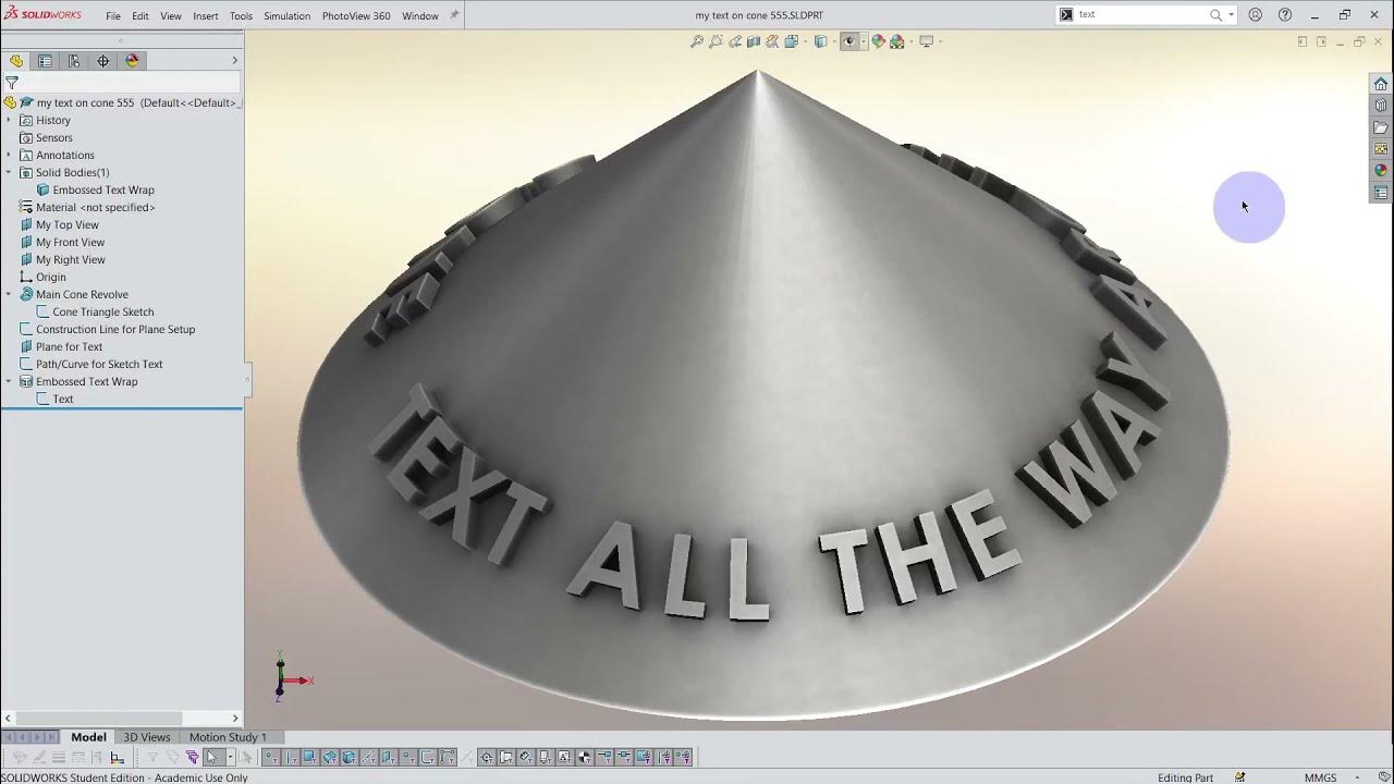 Embossed text on a cone or conical surface using SolidWorks A quick