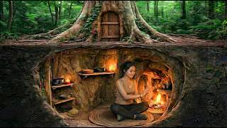 TIMELAPSE build a secret shelter inside a large tree trunk
